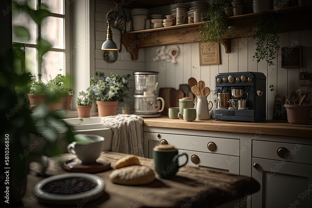 Spring Kitchen Oasis with Greenery and Natural Light Generative AI