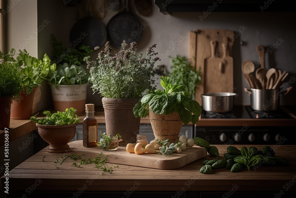 Spring Kitchen Oasis with Greenery and Natural Light Generative AI Spring Kitchen Oasis with Greenery and Natural Light Generative AI