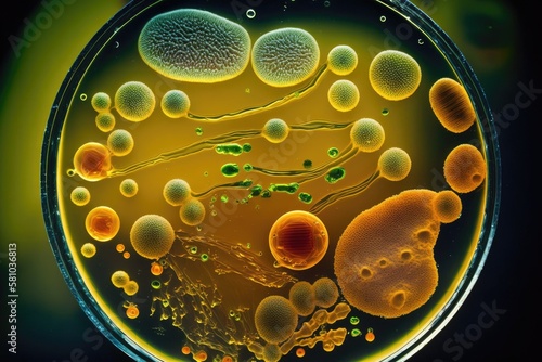 Close-Up Macro Shot of Bacteria in Laboratory Petri Dish by Generative AI photo