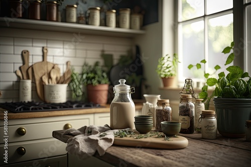 Cozy Kitchen with Greenery and Soft Lighting Generative AI
