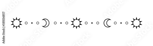 Celestial mystic separator with sun, stars, moon phases, crescents. Ornate boho magical divider decorative element
