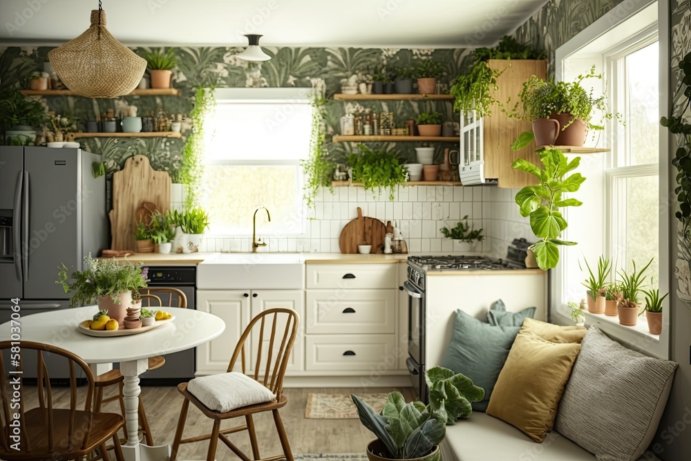 Fototapeta premium Botanical-Inspired Kitchen Interiors with Fresh Herbs and Plants Generative AI