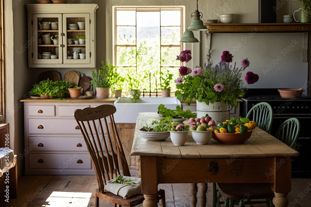Rustic Spring Kitchen Interiors with Fresh Produce and Farmhouse Charm Generative AI