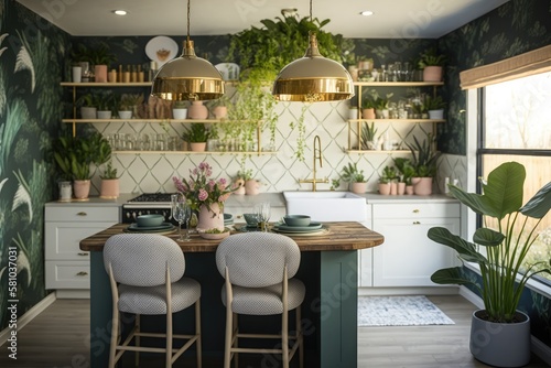 Botanical-Inspired Kitchen Interiors with Fresh Herbs and Plants Generative AI © Samuel