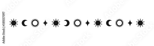 Celestial mystic separator with sun, stars, moon phases, crescents. Ornate boho magical divider decorative element