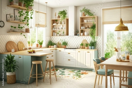 Spring Kitchen Interiors with Fresh Flowers and Herbs Generative AI