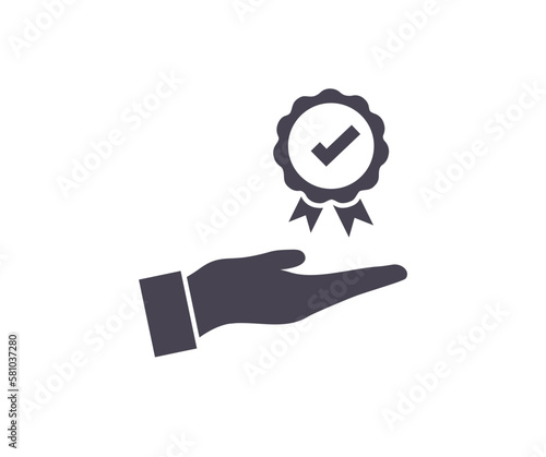 Hand holding approval check logo design. Approved or certified medal. Certified badge. Approval check symbol vector design and illustration.