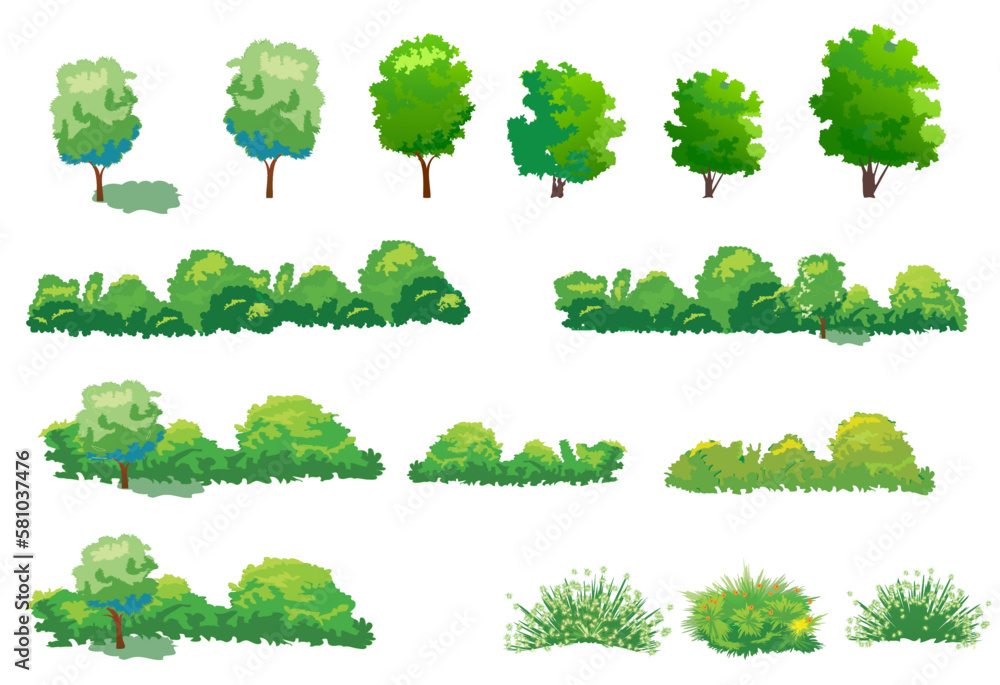 Set of trees and bushes for design elements. Vector illustration isolated on white background. Set of trees and bushes for design elements. Vector illustration isolated on white background.