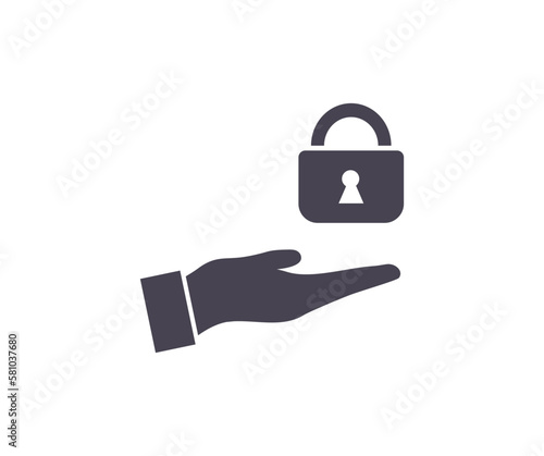 Hand holding a lock padlock icon. Protective shield sign icon. Security with the image of a padlock. Symbol security protection web. Security shield symbol vector design and illustration.


