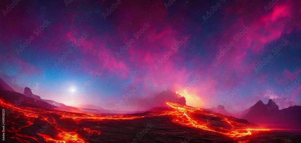 volcano eruption with lava on the dark mountain and sky. Abstract background. Ai generated.