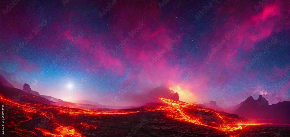Fototapeta premium volcano eruption with lava on the dark mountain and sky. Abstract background. Ai generated.