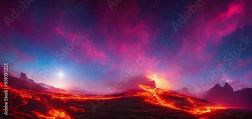 volcano eruption with lava on the dark mountain and sky. Abstract background. Ai generated.