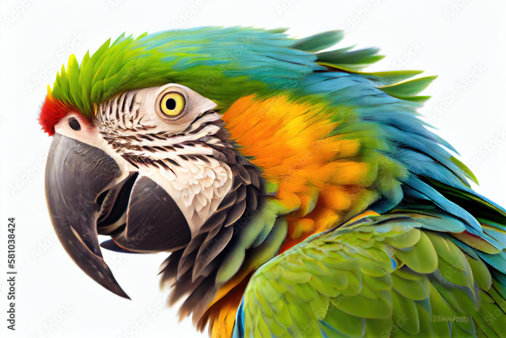 Macaw portrait isolated on white background. Generative AI. 