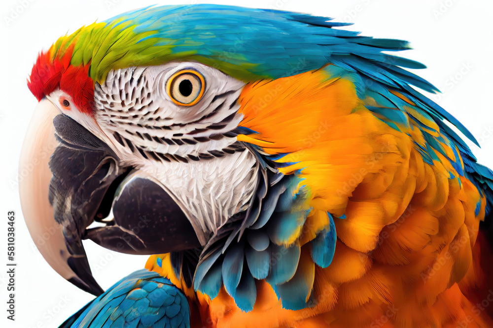Fototapeta premium Macaw portrait isolated on white background. Generative AI. 