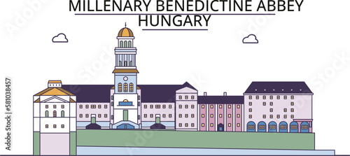 Hungary, Millenary Benedictine Abbey tourism landmarks, vector city travel illustration photo