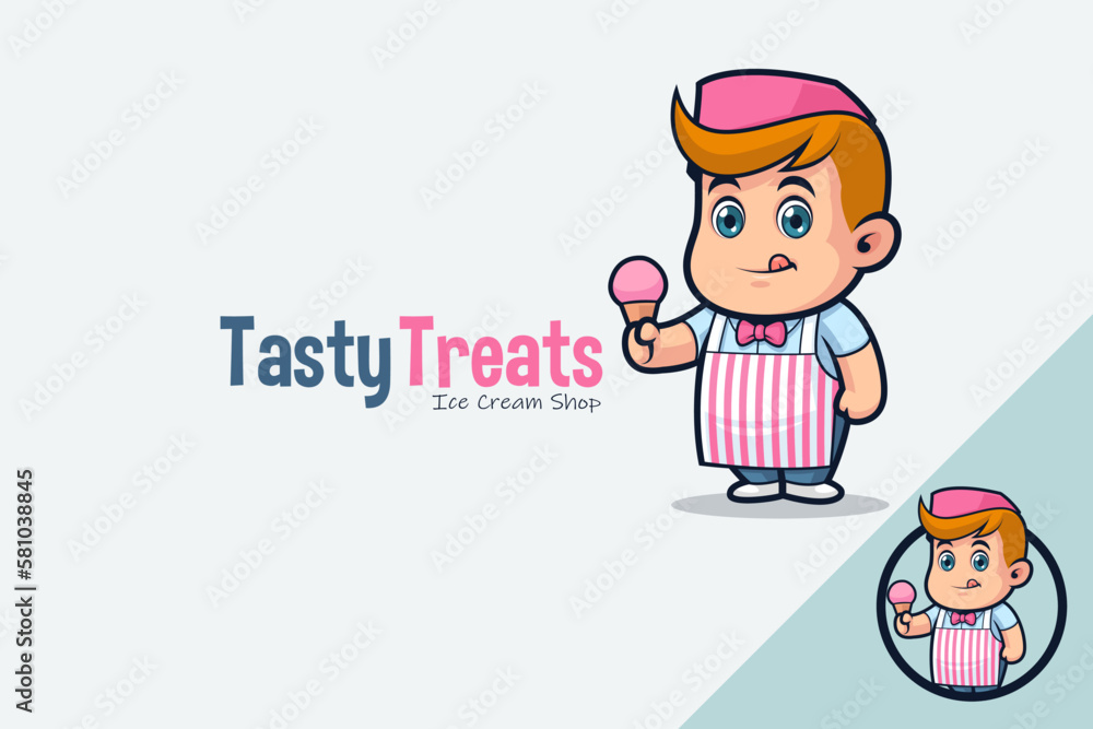 Cute Ice Cream Vendor Holding a Strawberry Ice Cream Cute Ice Cream Vendor Holding a Strawberry Ice Cream