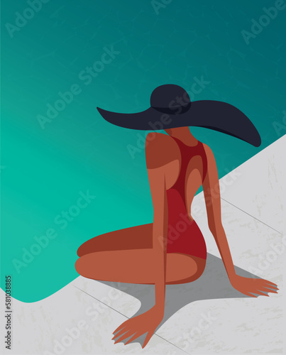 Vector illustration of a beautiful girl in a hat, resting on vacation, swimming in the pool and sunbathing