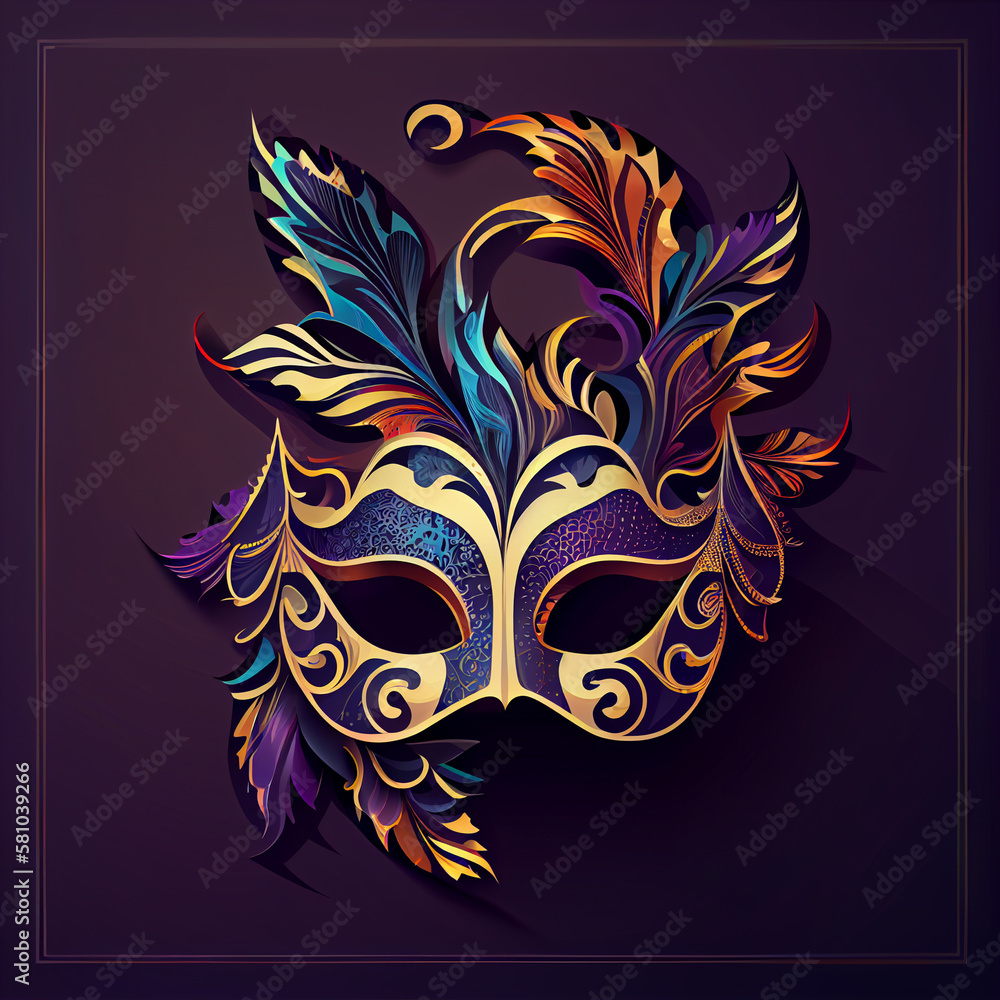 Ornate carnival mask with metallic finish and intricate filigree details, perfect for masquerade balls or formal events. Relaistic 3d festival mask in purple, blue and gold palette colors