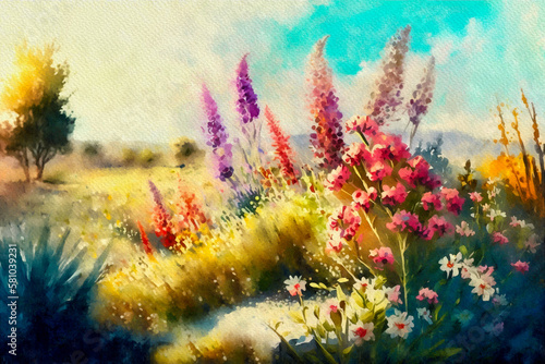 Watercolor painting landscape, artwork, fine art, landscape with flowers and trees