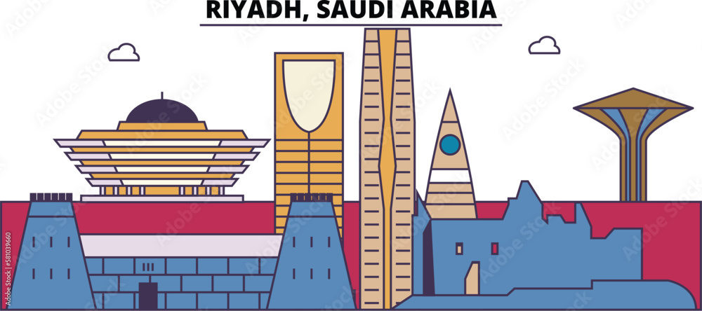 Saudi Arabia, Riyadh tourism landmarks, vector city travel illustration ...