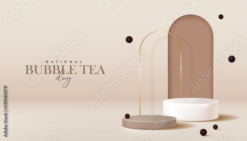 National bubble tea day banner for product demonstration. White and light brown pedestal or podium with tapioca balls on light brown background.