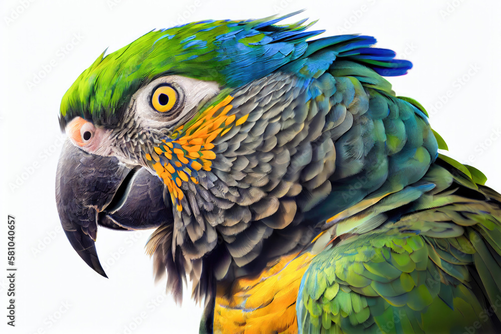 Fototapeta premium Parrot portrait isolated on white background. Generative AI. 