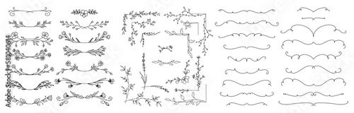 Hand drawn design elements collection. Floral frames, corners, dividers, calligraphic lines, borders, swirls. Illustration in vintage style