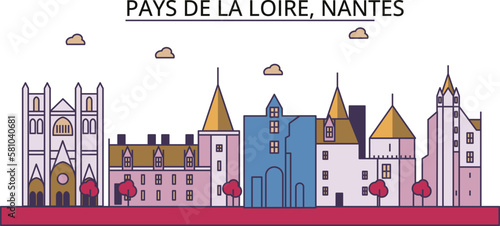 France, Nantes tourism landmarks, vector city travel illustration