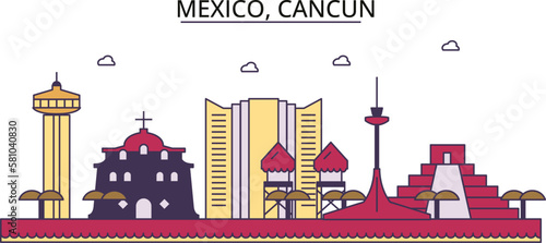 Mexico, Cancun tourism landmarks, vector city travel illustration