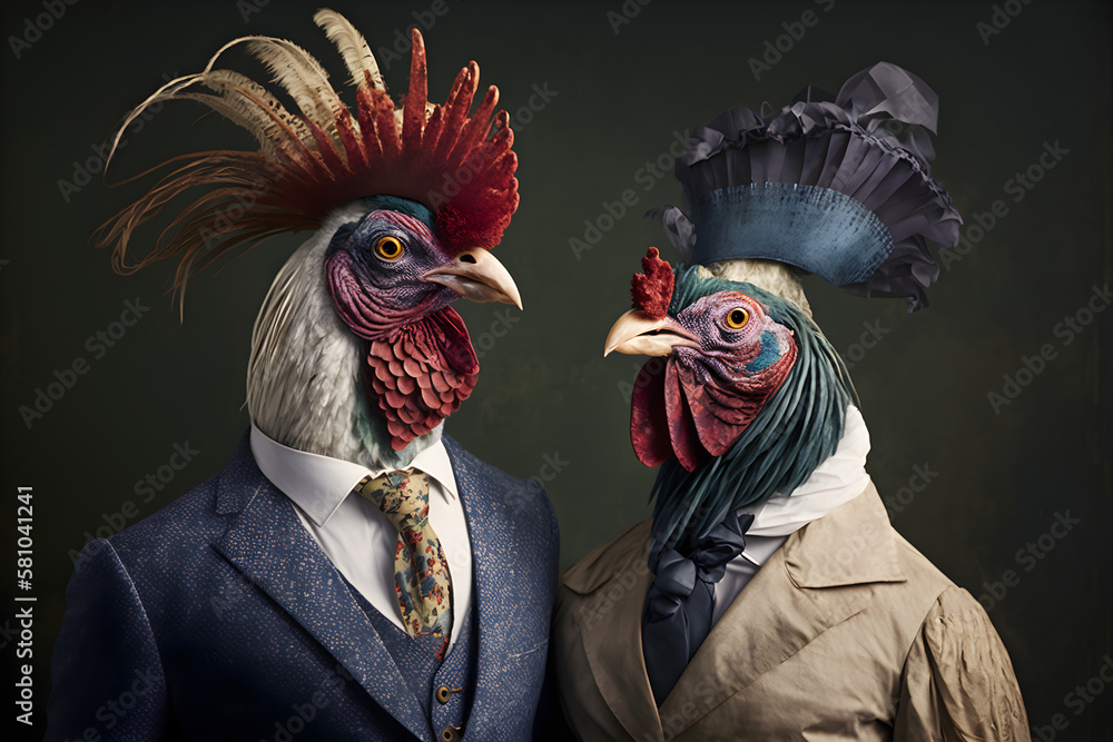 Rising to the Top: A Rooster Couple Reaching New Milestones, Creative stock image of animal couple in business suit. Generative AI