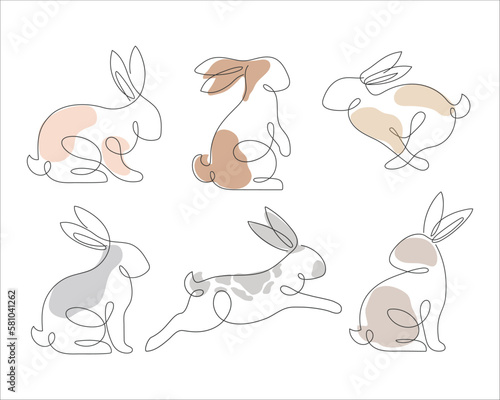 Bunny line art style icon set. Rabbit line art icon collection. Set of Abstract outline rabbit. Continous line drawing Rabbit minimalism style icon set. Easter bunny linear icon pack. Vector illustrat