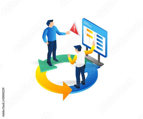 Isometric flat 3d illustration concept of team set solution to incident