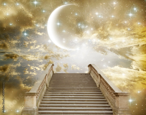 Fényképezés mystic divine stairs staircase with stars, mystical sky like spiritual and relig