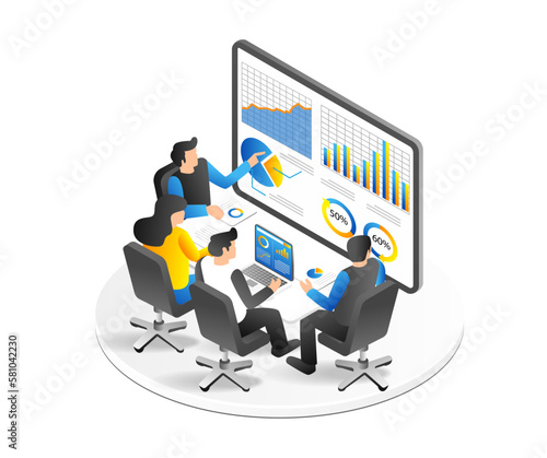 Isometric flat 3d illustration concept of team having business development analysis discussion