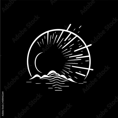 Minimalistic sunrise round logo, sun rays landscape silhouette white icon on black background, countryside monochrome logotype concept, scenery sketch, tattoo. Vector illustration