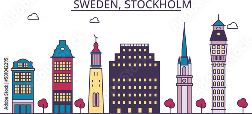 Sweden, Stockholm tourism landmarks, vector city travel illustration