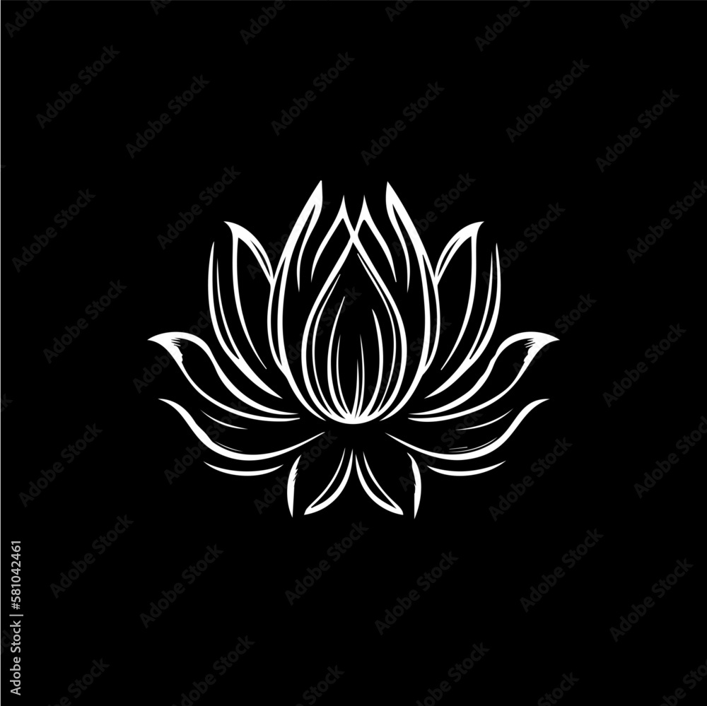 Minimalistic waterlily logo template, white icon of lotus petals flower silhouette on black background, yoga logotype concept, cosmetic emblem, tattoo. Vector illustration