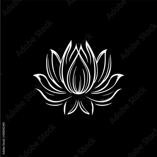 Minimalistic waterlily logo template, white icon of lotus petals flower silhouette on black background, yoga logotype concept, cosmetic emblem, tattoo. Vector illustration