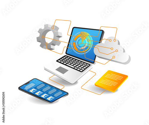 Isometric flat 3d illustration concept of technology transformation digital button