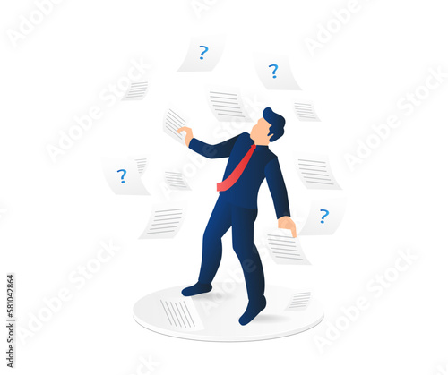 Isometric flat 3d illustration concept of man working on a lot of paper data