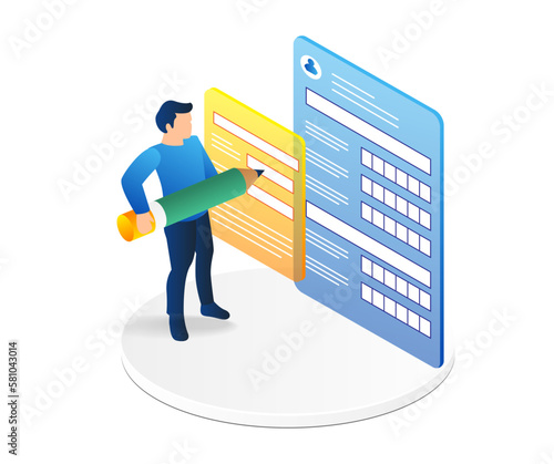 Isometric flat 3d illustration concept of man filling registration form on screen