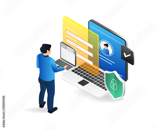 Isometric flat 3d illustration concept of man filling personal data form