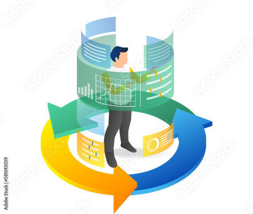 Isometric flat 3d illustration concept of man controlling data analyst