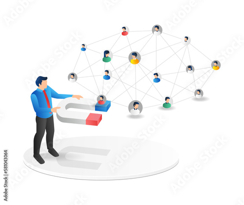 Isometric flat 3d illustration concept of man carrying digital marketing strategy magnet