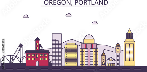 United States, Portland tourism landmarks, vector city travel illustration