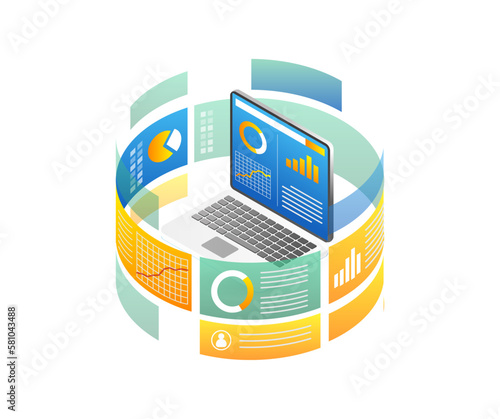Isometric flat 3d illustration concept of computer data analytics diagram