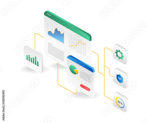 Isometric flat 3d illustration concept of data analysis screen branches