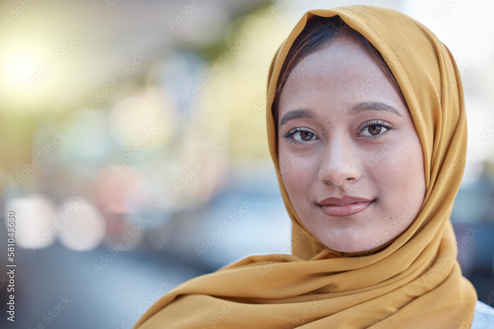 Travel, relax and portrait of Muslim woman in city for young, proud and natural in urban town. Islamic, positive and confident with girl wearing hijab in Dubai for calm, weekend and bokeh mockup Travel, relax and portrait of Muslim woman in city for young, proud and natural in urban town. Islamic, positive and confident with girl wearing hijab in Dubai for calm, weekend and bokeh mockup