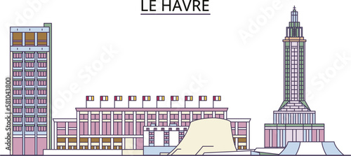 France, Le Havre tourism landmarks, vector city travel illustration