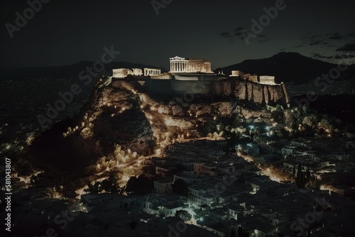 night view of acropolis in Athens, flying above illuminated Parthenon in Athens in the evening, night view of downtown Athens, an internationa landmark in Greece. High-quality 4k footage, AI generated photo